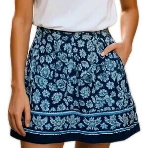 J. Jill Knit Jersey Short Skirt Womens L Petite Blue Floral Border Print Pockets